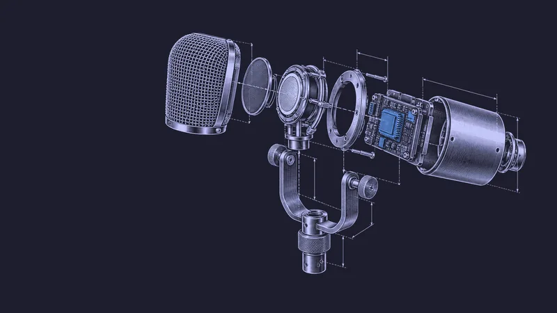 Conceptual engraving: an exploded microphone with one blue processor core represents multilingual transcription and speaker attribution.