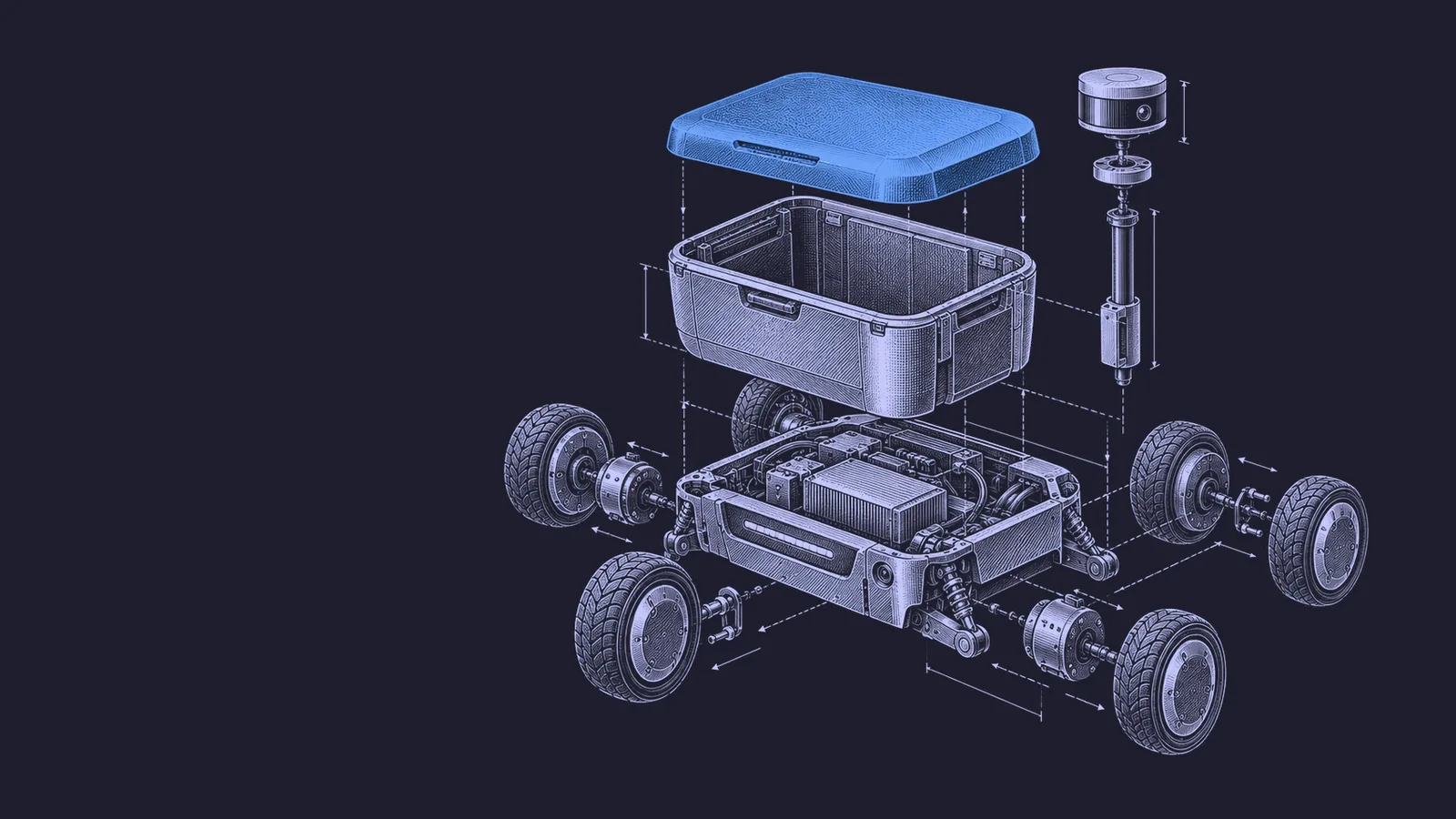 Conceptual engraving: an exploded sidewalk delivery robot with one blue cargo lid represents Serve’s first deployment outside the United States.